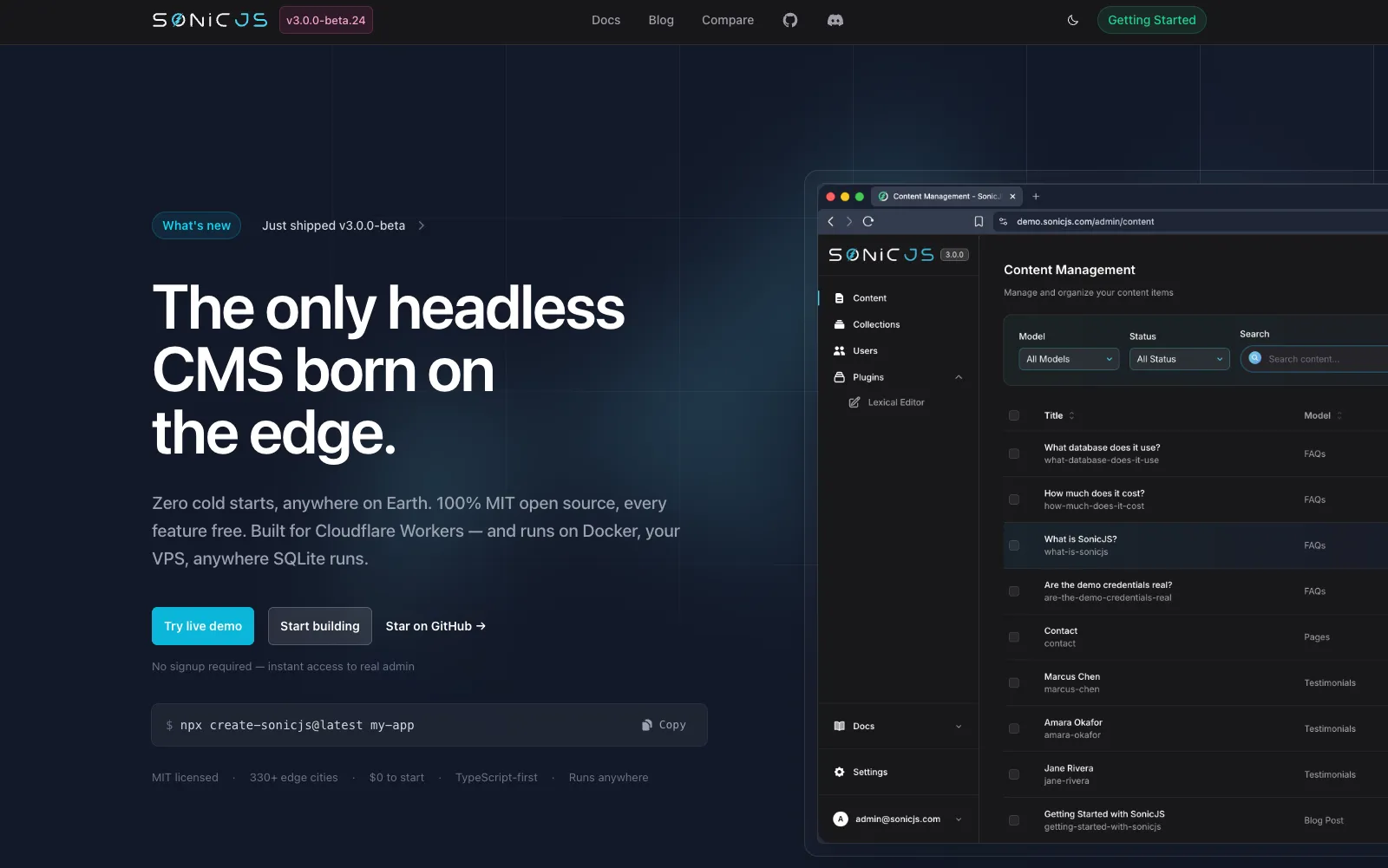 SonicJS website preview
